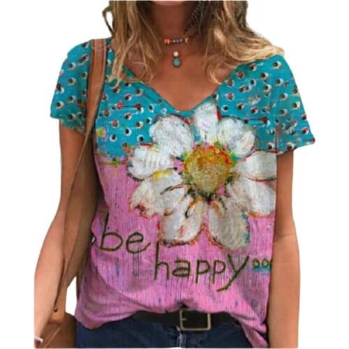 3XL Summer Painting Printing T Shirt Women Short Sleeve V-Neck Loose Plus Size Tops Casual Streetwear Ladies Plant Flowers Shirt