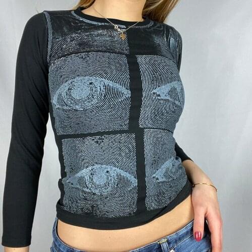 Gothic Printed T-Shirts Woman Clothes Punk White Crewneck Graphic Tees Autumn Winter Streetwear Bodycon Black Long Sleeve Tops