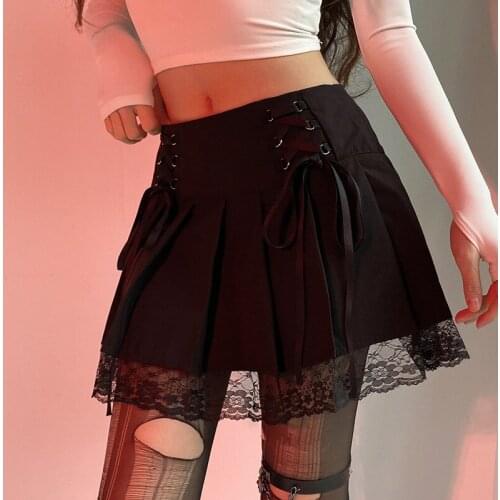 Lace Up Goth Y2K Pleated Skirt Woman Punk Style Dark Academia Aesthetic Vintage 90s Streetwear Black Dance Mini Skirts