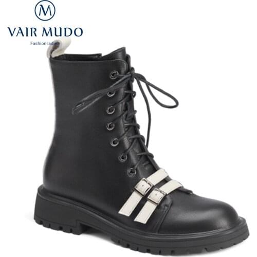 VAIR MUDO Ankle Boots Shoes Women Round Toe Elegant Lace Up Black Spring/Autumn Concise Footwear Low Heels Shoes Women BootsDX4L