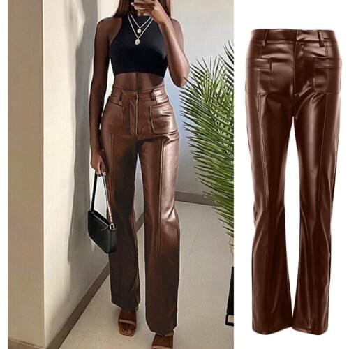 Women Faux Leather Long Pants High Waist Double Pockets Slim Straighg Trousers