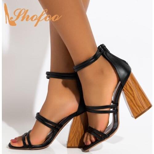 Black High Chunky Heels Women Sandals Open Toe Narrow Band Zipper Large Size 13 15 Ladies Summer Fashion New Mature Shoes Shofoo