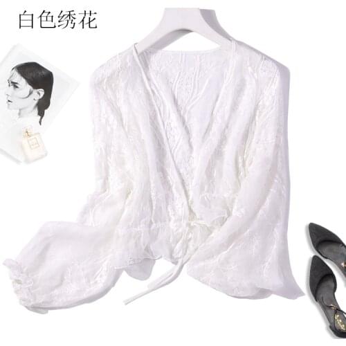 Womens 100% Pure Silk Long Sleeve embroidery Shawl Cardigan Cappa Blouse Top Shirt JN526