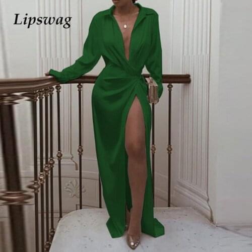 Women Elegant Solid Color Long Sleeve High Split Party Dress 2020 Autumn Turn-Down Collar Maxi Dresses Lady Sexy Irregular Dress