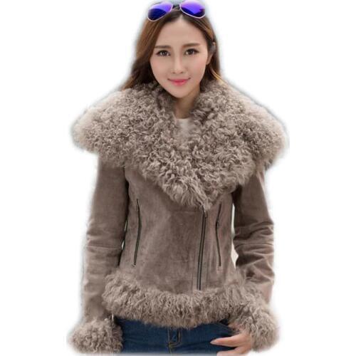 Harppihop Women Real Sheep Fur Coat Winter Warm Fashion Genuine Merino Sheepskin Leather Jacket Natural Real leather Coat