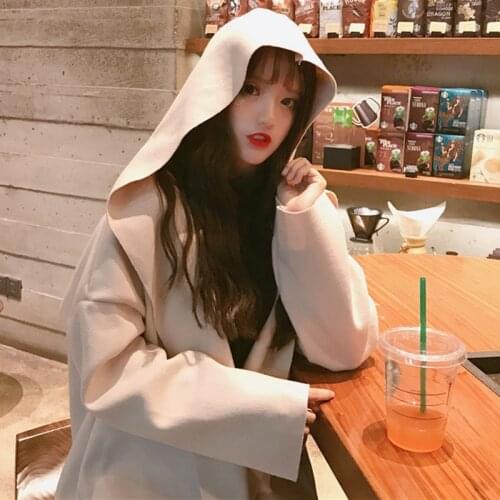 Autumn and winter 2020 new Korean sweet temperament medium long loose long sleeve hooded woolen coat fashion
