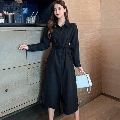 Korean Button Cardigan Dresses Vintage Dress Women Maxi Dress with Belt Autumn 2021 Long Sleeve Single-breasted Dresses 12017