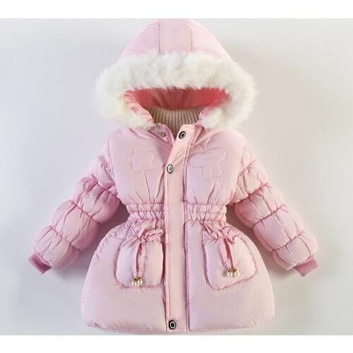 Winter Warm Thicken Fur Collar Child Coat Children Outerwear Windproof Fleece Liner Baby Girls Jackets For 90-110cm