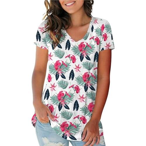 2021 Summer Women T- Shirt Leaves Flower PrintShort Sleeve V-Neck Casual Loose Plus Size Tops Tee Female Clothes