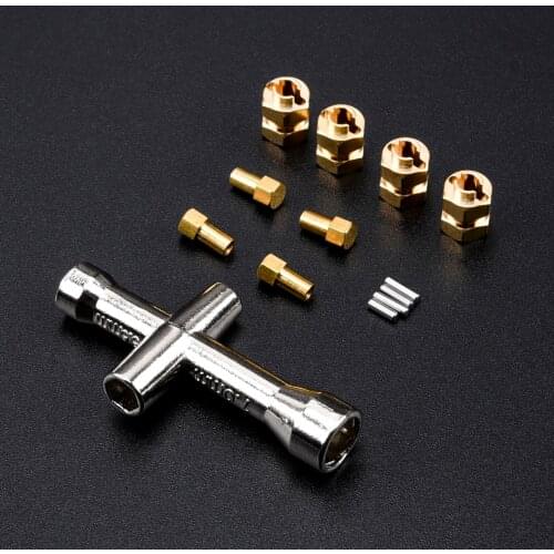 4pcs 7mm Brass Extended Hex Wheel Hubs RC Wheel Spacers Brass Extended Combiner w/ Cross Wrench for SCX 24 1/ 24 RC Crawler Car