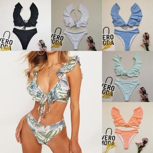 2021 Biquini Deep V Neck Swimwear Solid Color Bikini Set Beachwear Sexy Bikinis Women Bathing Suit Beachwear