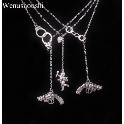 Color never fade stainless steel titanium chain heart angel Cupid charm necklaces for women rock handcuffs pistol necklace girls