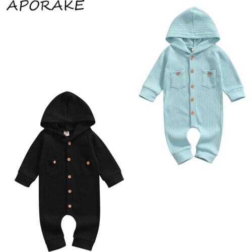 2021 0-24M Unisex Baby Solid Color Romper Spring Fall Infant Knitted Button Fly Long Sleeve Hooded Jumpsuit with Pockets
