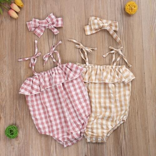 0-24M Newborn Infant Baby Girl Plaid Romper Bodysuit Jumpsuit+Hair Ring Set Outfits