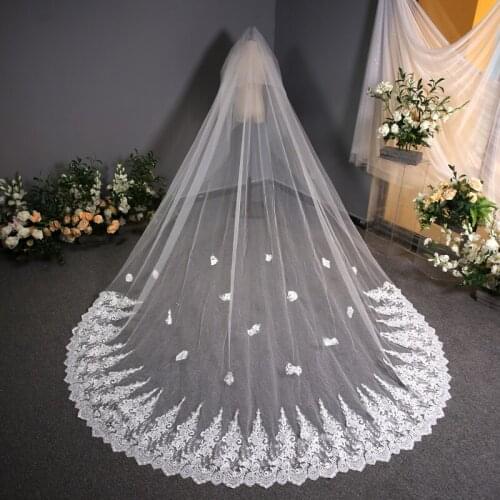 Real Photos 3.8M New Princess Wedding Veils with Lace Appliques Long Ivory Romantic Wedding Accessories 1 Layer Bridal Veils