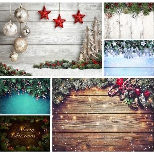 Christmas Backgrounds Photography Ball Stars Wooden Tree Snow Photo Backdrops Photographic Photocall for Children Family Party