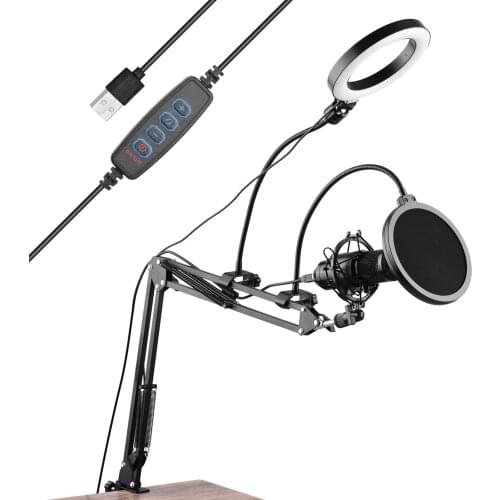 Photography lighting 6.3inch/16cm Video Microphone Ring Light Kit w/ Pop Filter Arm Ball Head Light Stand Micropone Shock Mount