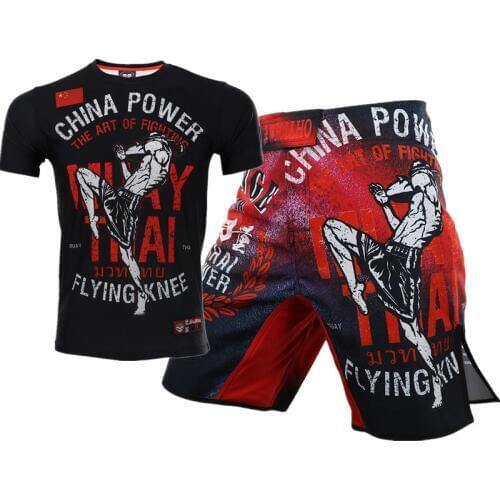 Power Muay Thai MMA Short Sleeves Boxing Shirt Jiu Jitsu Jersey Fitness Wushu Sanda Competition ShortsMMA Fighting Top Fightwear