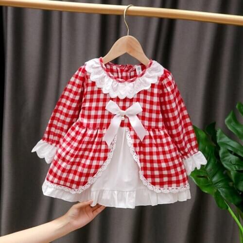 Cute Baby Girls Dress Toddler Kids Plaid Print Mini Dress Spring Long Sleeve Peter Pan Collar Princess Tops A-Line Dress