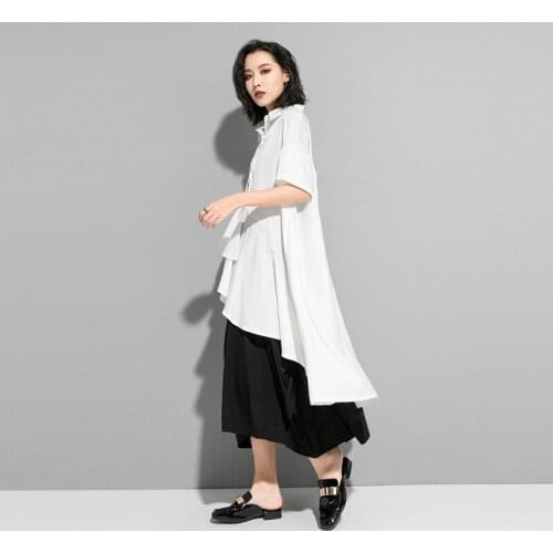 Fashion Irregular Black White Summer Tees Tops Women Blouse Short Sleeved Ruffle Big Loose Size Cotton Casual T-Shirt