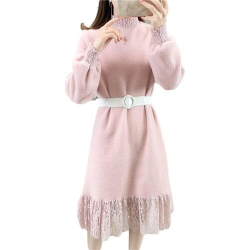 2020 Winter new style Korean mink fleece sweater dress female mid-length slim-fitting lace thickening outer wear bottoming dress