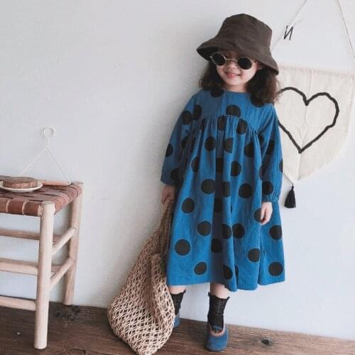 2021 Autumn Childrens Cotton and Linen Girls Dress Spring and Autumn Long-sleeved Pullover Knee-length Polka Dot Dress