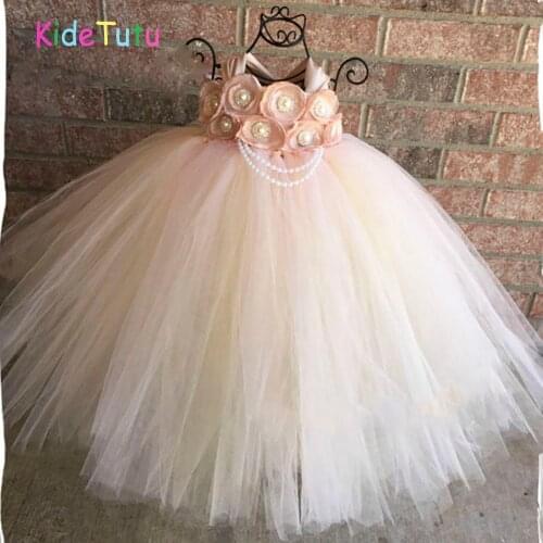 Peach Pink Flower Girls Tutu Dress Baby Kids Girls Bridesmaid Wedding Party Dress 1-14Y Ankle Length Children Birthday Clothes