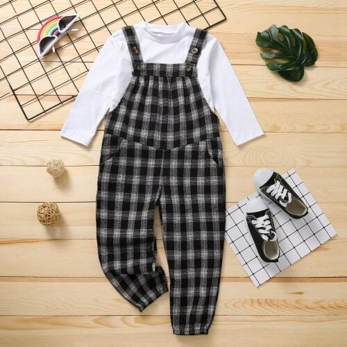 Kid Girls Casual Two-piece Clothes Set Pullover Plaid Printed Tshirts Pattern Suspender Trousers Childrens Clothing