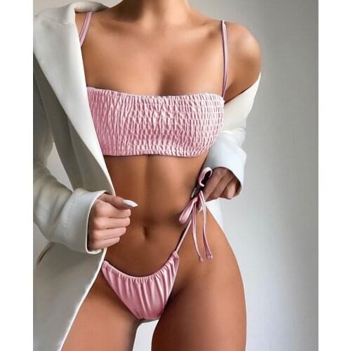 Sexy Bikini 2021 Pleated Bandeau Swimwear Women Swimsuit Female Thong Bikinis Set 2 Piece Women Bathing Suit Swim for Beach Wear