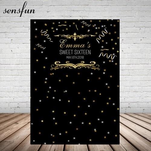 Sensfun Little Stars Gold Sweet 16 Party Backdrop Black Birthday Party Celebration Backgrounds For Photo Studio 5x7FT Vinyl