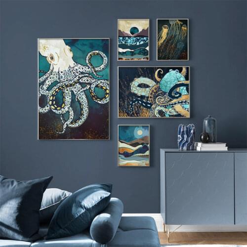 Nordic Abstract Wall Art Ocean Scenery Art Print Poster Mountain Canvas Painting Cuttlefish Jellyfish Wall Picture Wall Stickers