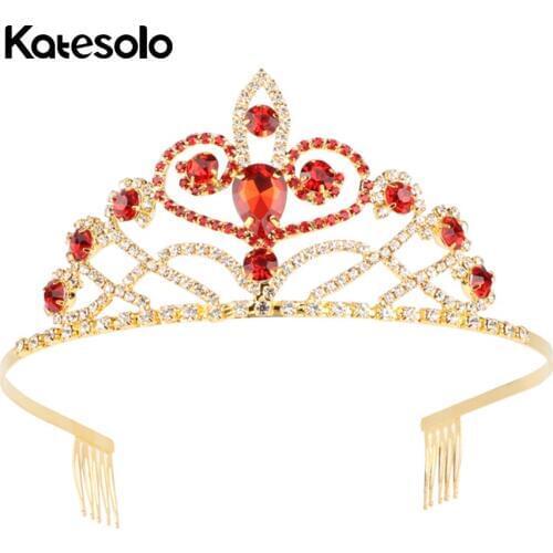 Luxury Wedding Accessories Crown Gold Color Heart Hair Jewelry Crystal Tiara for Women Bridal Red Diadem Tiaras Queen