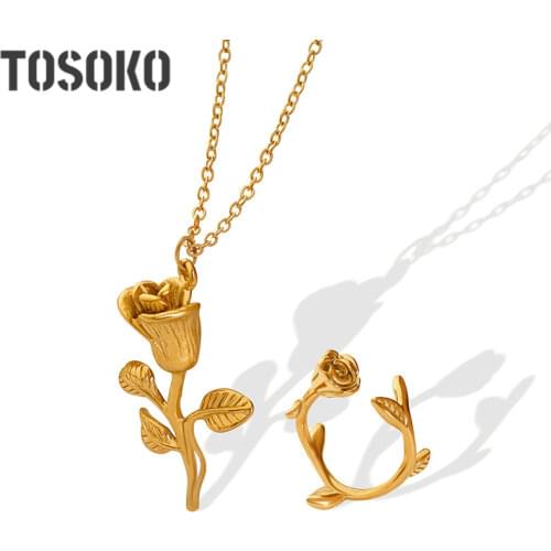 TOSOKO Stainless Steel Jewelry Carved Oil Painting Rose Ring Elegant Ring For Women BSA122