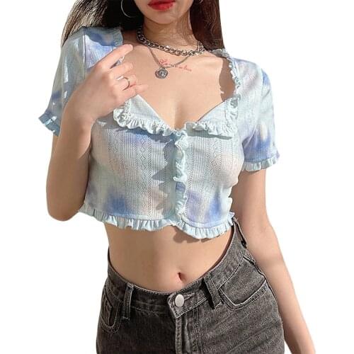 Women Summer Cardigan short Sleeve Flounce Hem Casual Sweet Cardigan Fashion Tie-dye Round Neck Exposed Navel T-shirt