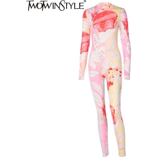 TWOTWINSTYLE Hit Color Print Jumpsuit For Women O Neck Long Sleeve Full Length Slim Jumpsuits Female 2020 Autumn Fashion New