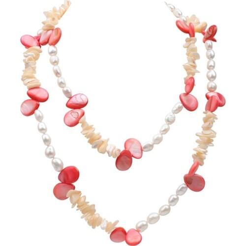 Free shipping red shell natural baroque shape real pearl handmade women long sweater necklace wedding hot sell gift female