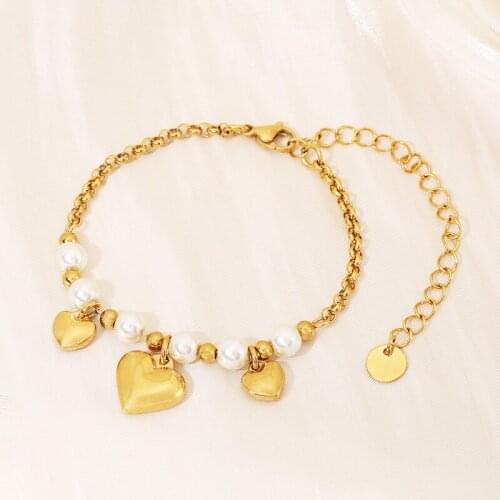 1PCS Stainless Steel Heart Bracelet Round Pearl Charm Bracelets for Women Girls Chain On Hand Anniversary Gift From Boyfriend
