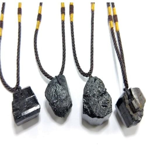 1Pcs Radiation Protection Natural Black Tourmaline Stone Necklace Retro Raw Gemstone Pendant Crystal Hand—Woven Craft Stone