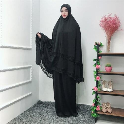 2 Piece Hijab Maxi Dress Muslim Abaya Robe Arab Ramadan Khimar Islamic Prayer Clothing Jilbab Middle East Sets Worship Service