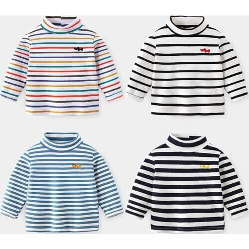 2021 Spring Autumn Winter 2 3 4 6 8 10 Years Cartoon High Neck Pullover Basic Turtleneck Striped Soft T-Shirt For Kids Baby Boy