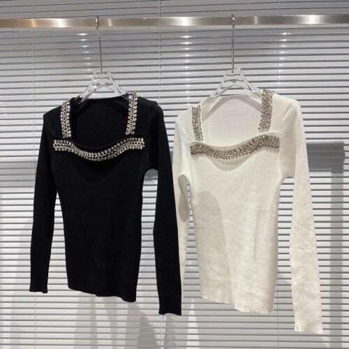 2021 Winter Rhinestone women Knitted Pullover Square Neck Diamond Nail Bead Edge Square Neck Sexy Elastic Slim Knit Sweater
