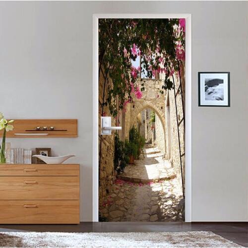 Paper Print Art 3D Renew Door Stickers Garden Flower Plant PVC Mural Home Decor Picture Self Adhesive Bedroom Waterproof Paper