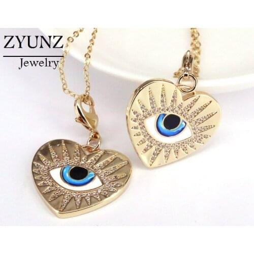 5PCS, Blue Clear CZ Evil Devil Eye Charm Heart Pendant Necklace