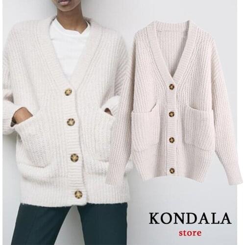 KONDALA Za 2021 Casual Beige Knitted Cotton Loose Women Cardigans Long Sleeve V Neck Button Jacket Female Fashion Autumn Outwear