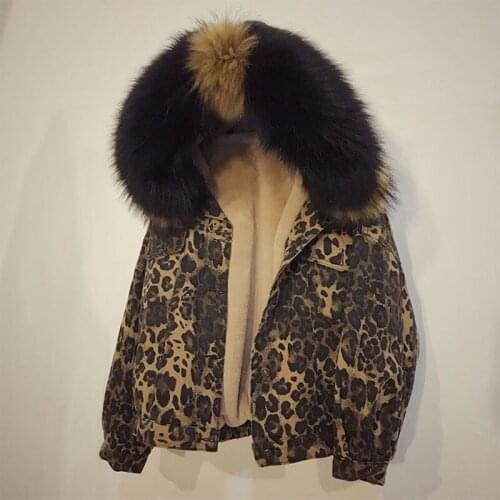 2021 New Lamb Wool Denim Jacket Women Fur Coat Parka Plus Velvet Thick Winter Leopard Print Padded Cotton