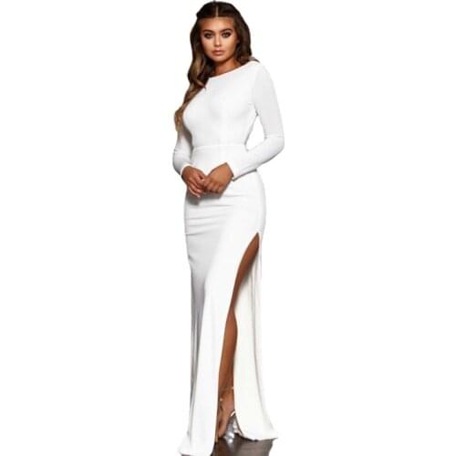 Justchicc Autumn White Bodycon Maxi Dress Women Split Long Sleeve High Split Backless Dress Winter Female Sexy Party Dress 2019