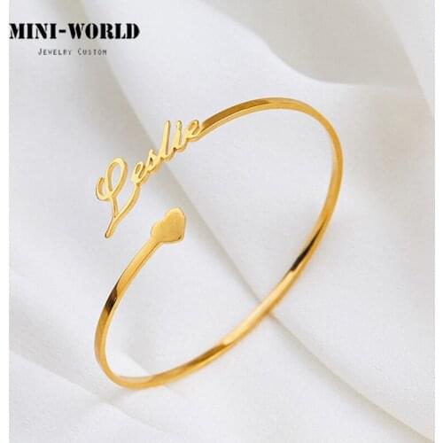 Mini-World Personalized Name Bracelet Stainless Steel Cuff For Women Custom Open Adjustable Heart Bracelet Dainty Gift Jewelry