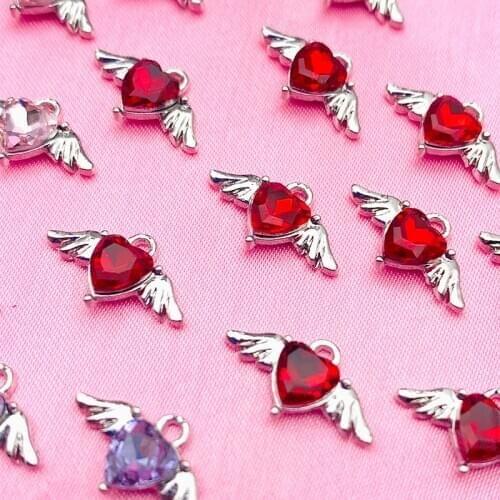 10Pcs Colorful Crystal Heart Wing Charms Jewelry Accessories Pendant Jewelry For Making DIY Earrings Necklaces Bracelet Finding
