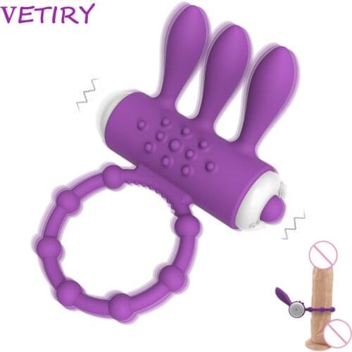 Lasting Rabbit Penis Ring Vibrator Triple Clitoris Massager Masturbation Vibrating Cocking Delay Ejaculation Sex Toys for Men