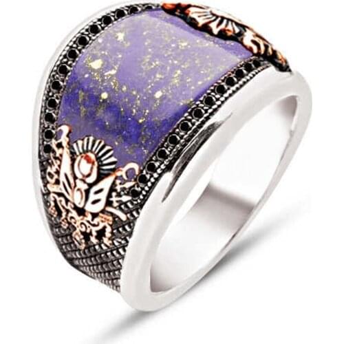 Silver Custom Cut Squeezing Lapis Ottoman Crested Male Ring